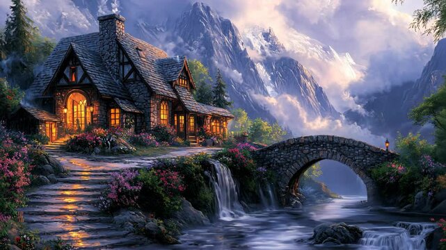 illustration animation of ancient fairytale cozy cottage with rock bridge and small waterfall creek 
