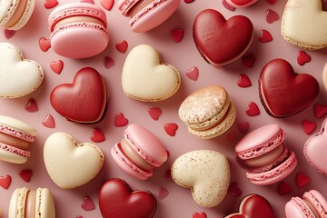 Fototapeta premium Colorful Macarons and Heart Shapes on Soft Pink Background