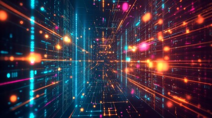 Obraz premium Futuristic Digital Background with Glowing Lines and Bright Particles in a High-Tech Space Illustrating Data Transfer and Technology Advancement Concepts