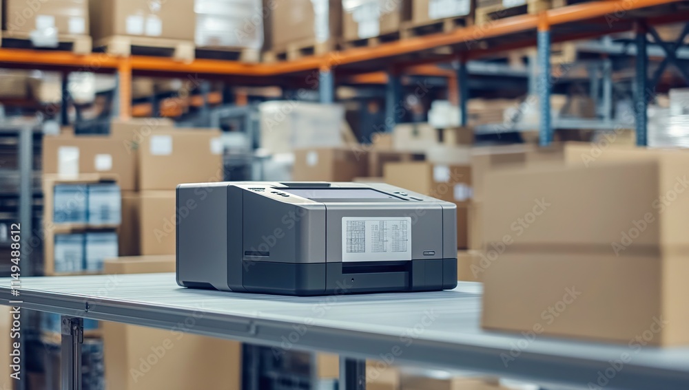 Poster warehouse inventory: label printer efficiently prints shipping labels in a busy distribution center.