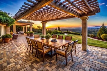 Obraz premium Panoramic View: Shaded Herringbone Paver Patio with Wooden Pergola & Dining Set
