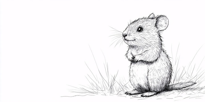 A charming pen and ink drawing of a pika sitting in the grass.