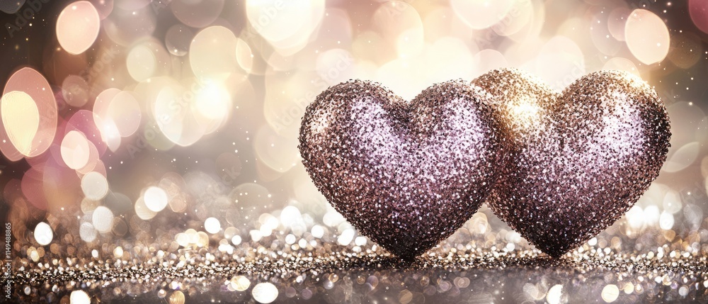Poster two sparkling hearts on a glittery surface with a soft, bokeh background.
