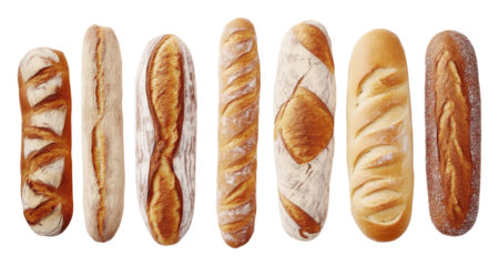 variety of artisan baguettes on white background, culinary concept