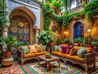 Fototapeta premium Panoramic View: Vibrant Moroccan Patio Design with Colorful Decor and Lush Greenery