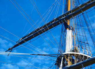 Ropes stretched across the masts of an old ship