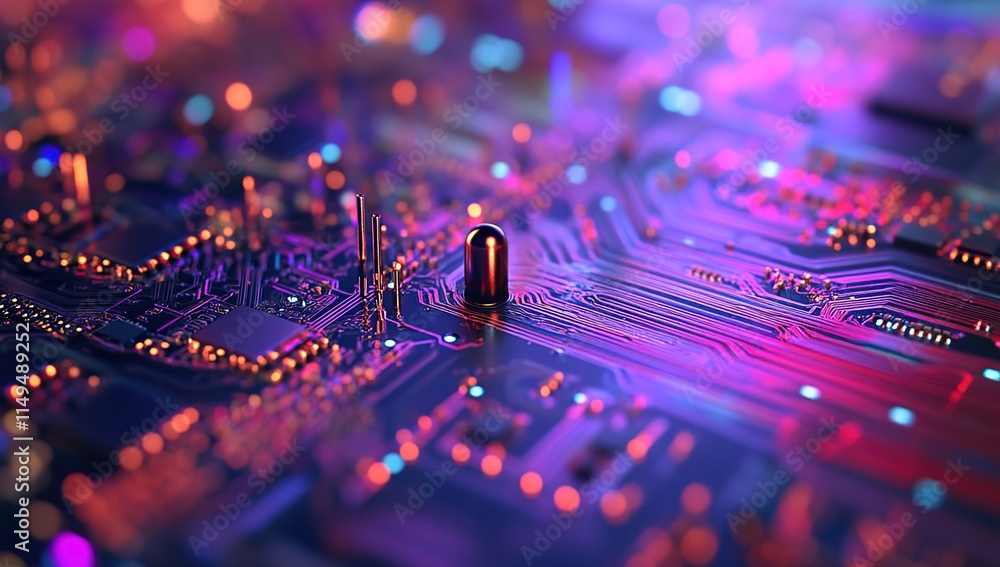 Poster exploring circuit board technology: components connect, power flows, vibrantly illuminated.