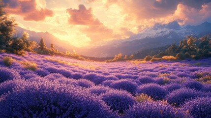 Obraz premium Sunset, lavender field, majestic mountains.