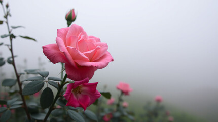 Obraz premium Close of pink rose on rose bush