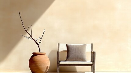 Nomadic Boho Interior: Rustic Chair and Clay Pot with Branch Against Beige Stucco Wall - Modern Living Room Home Decor