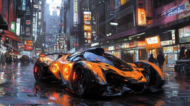 Futuristic Supercar in Neon-Lit Cyberpunk Cityscape with Reflections on Wet Pavement, Showcasing Modern Design and Urban Atmosphere at Night