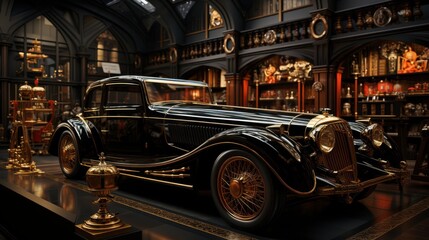 Classic vintage car in an ornate museum setting.