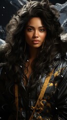 Young woman with curly hair in a winter landscape.