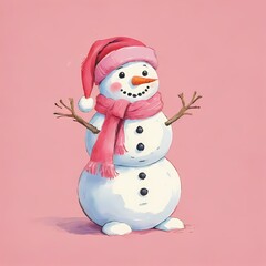 Title: Animated Snowy Festivity: A Cheery Red Santa Hat and Scarf Snowman