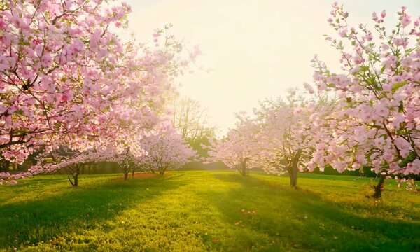Pink cherry tree blossom flowers blooming in a green grass meadow on a spring Easter sunrise background