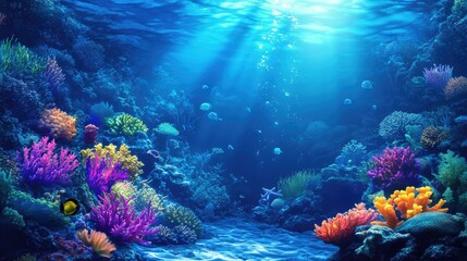 Underwater background deep blue sea and beautiful sun ray under sea.