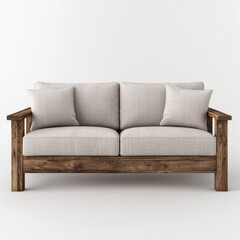 Fototapeta premium Stylish Grey Sofa with Wooden Frame in Minimalist Living Room