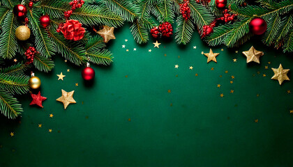 A festive Christmas background featuring evergreen branches, ornaments, and berries on a clean backdrop, perfect for holiday-themed designs and greetings.