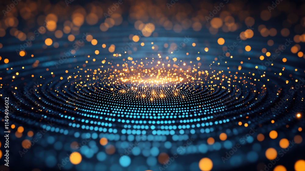 Poster quantum, digital abstract illustration featuring glowing particles and concentric circles, creating 