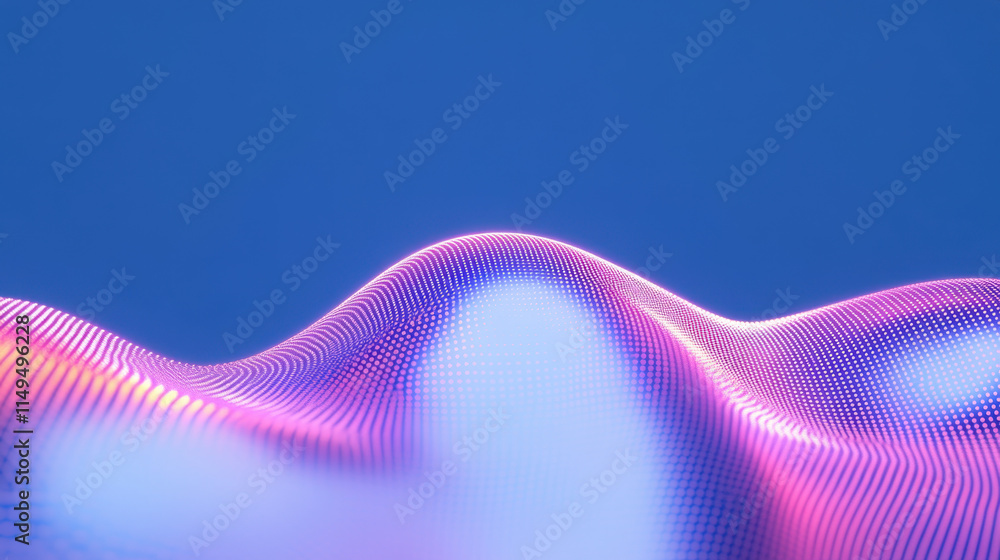 Poster quantum, abstract waveforms in vibrant colors blend seamlessly against a soft blue background, creat