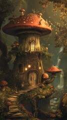 Fototapeta premium A whimsical mushroom-shaped house nestled in a vibrant, enchanted forest. The house features a tall, sturdy structure with a wide base, adorned with bright red mushrooms on its roof and sides. A woode