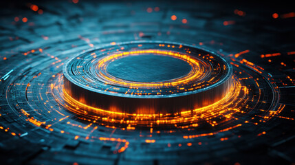 Quantum, A futuristic, glowing circular structure surrounded by intricate patterns and vibrant lights, evoking a sense of advanced technology and digital innovation.