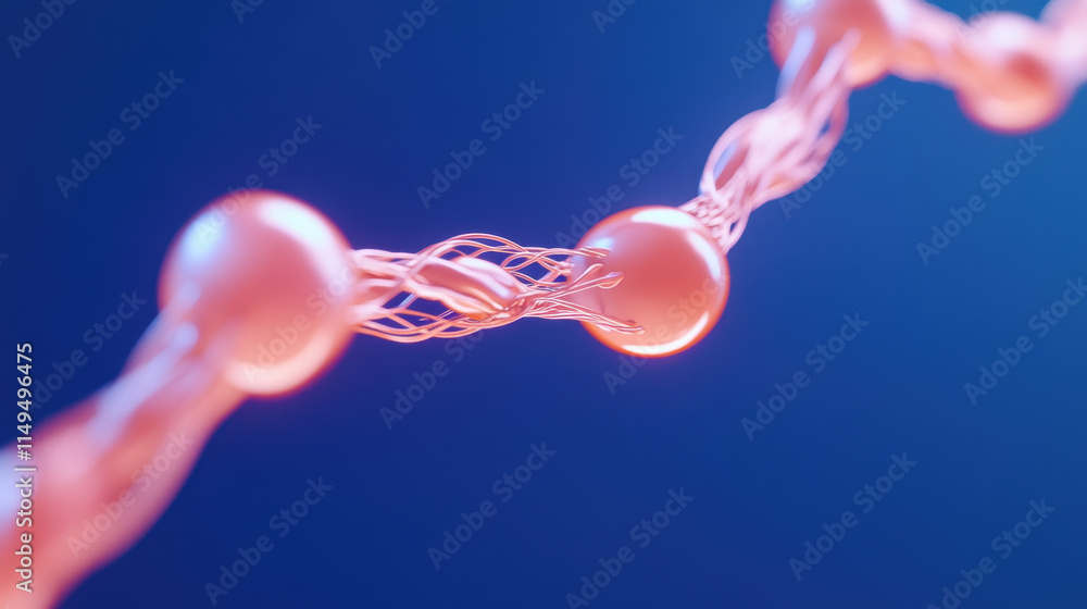 Poster quantum, abstract representation of molecular structures with interconnected spheres on a vibrant bl