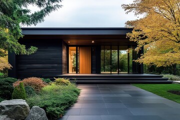 Fototapeta premium Japanese Minimalist Villa Entrance in Fall Forest with Black Tiled Walls and Timber Wood Lining, Beautiful Landscape Design and Paved Pathway