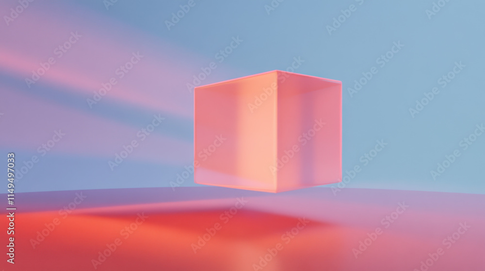 Poster quantum, a translucent cube floats in a gradient backdrop of soft pink and blue hues, creating a ser