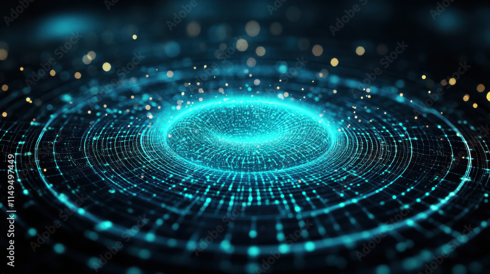 Poster quantum, digital abstract design featuring glowing blue circles and particles, creating a dynamic an