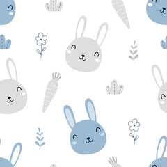 Seamless pattern with cute rabbit , carrot and flower on white background for your fabric, children textile, nursery decoration, gift wrap paper, kids bedding.	