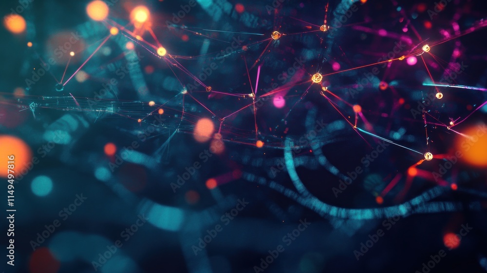 Poster abstract network of glowing lines and particles in vibrant colors.