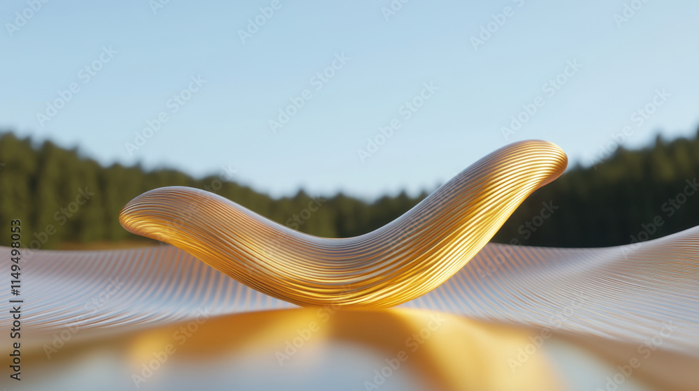 Poster quantum, a smooth, golden abstract shape rests on a textured surface, set against a natural backdrop