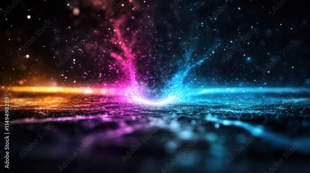 Poster quantum, vibrant colors blend in a dynamic display, creating a stunning visual effect with swirling 