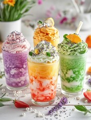 Colorful layered drinks topped with whipped cream and garnishes, perfect for refreshing enjoyment.