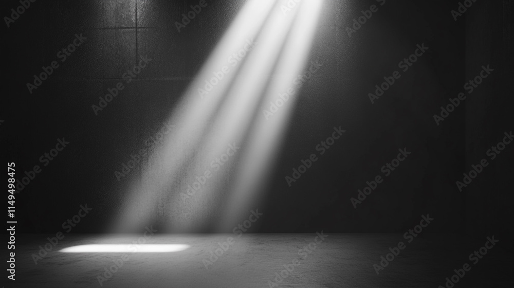Poster dramatic light beams illuminating an empty dark space with a spotlight effect.