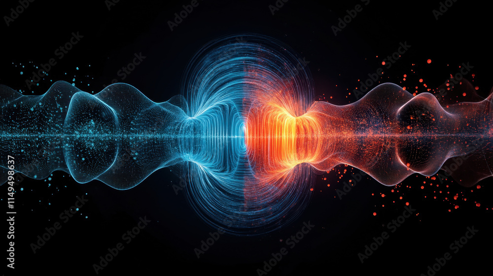 Poster quantum, vibrant digital waveforms in blue and orange, creating a striking visual effect against a d