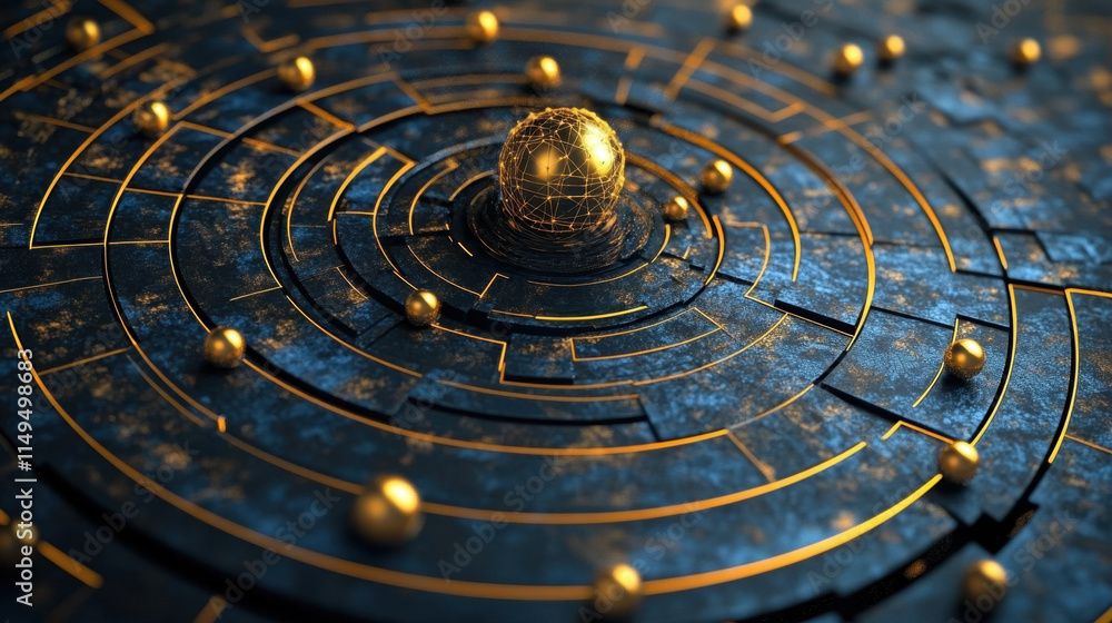 Poster quantum, a stunning abstract image featuring a central golden sphere surrounded by intricate circula