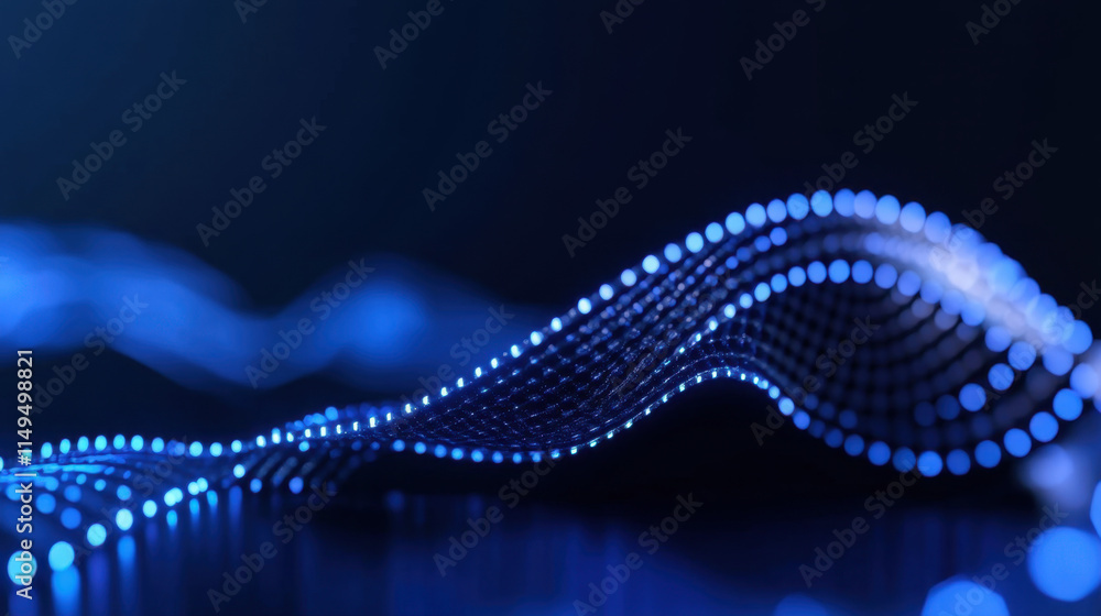 Poster quantum, flowing blue light waves create a dynamic visual effect against a dark background, evoking 