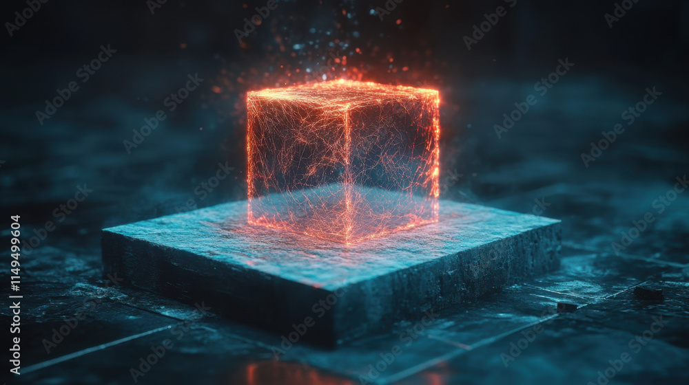 Poster quantum, a glowing cube suspended in water creates a mesmerizing visual effect, with luminous edges 