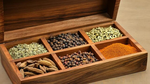 Colorful assortment of spices in a wooden box showcasing diverse culinary ingredients