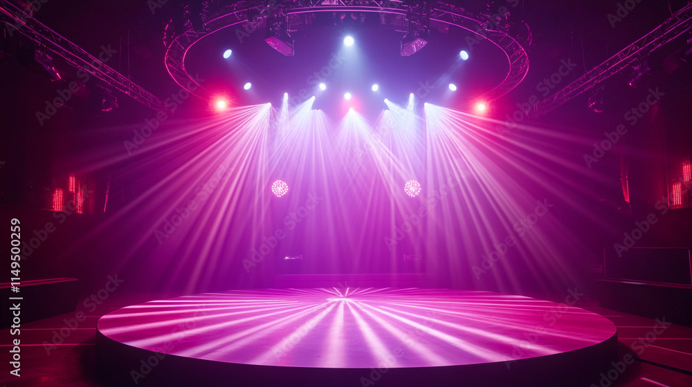 Poster vibrant light beams create a dynamic atmosphere in a performance venue.