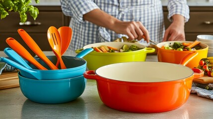 Vibrant Kitchen Scene with Chef Preparing Fresh Meal
