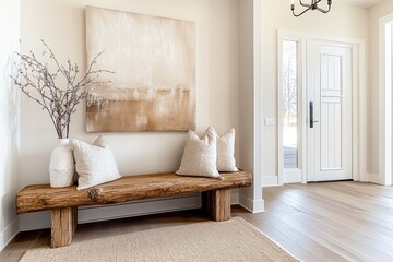 Rustic Farmhouse Charm: Modern Home Entryway with Wooden Log Bench and Barn Wood Console Table