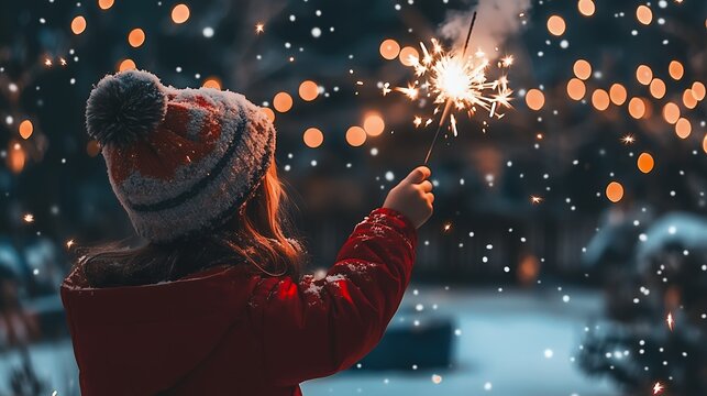 Child's Enchantment, Snowy Backyard Sparkler Gazing at Fireworks Display, A Winter Night of Wonder and Sparkling Light