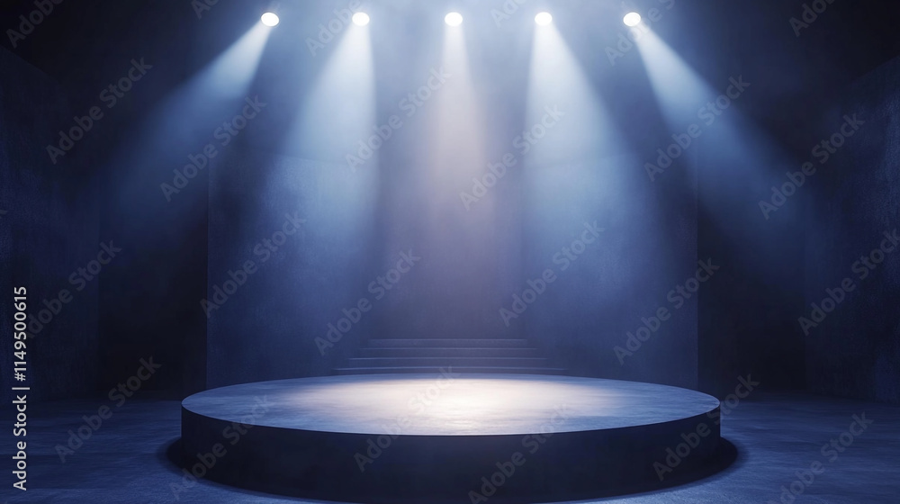 Poster spotlight shining on an empty stage with soft fog and dramatic lighting.