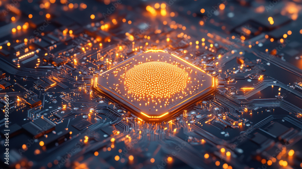 Aufkleber quantum, a close-up view of a microchip surrounded by glowing elements, representing advanced techno