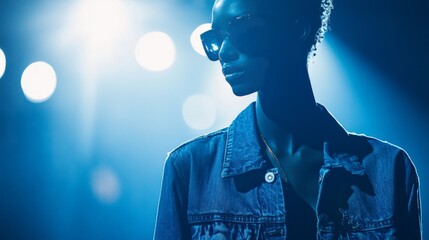 Dynamic Fashion Model on Runway with Flashing Lights