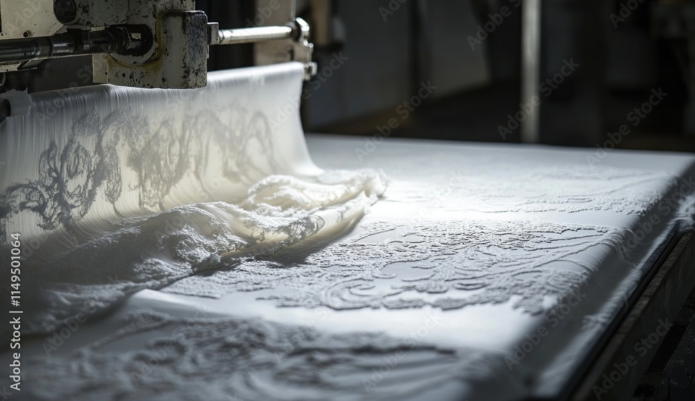 Poster fabric creation: machine produces intricate lace designs with precision and speed in textile factory