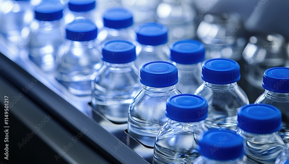 Poster precisely bottled liquids in a row, efficiently conveyed on a conveyor, scientifically prepared for 